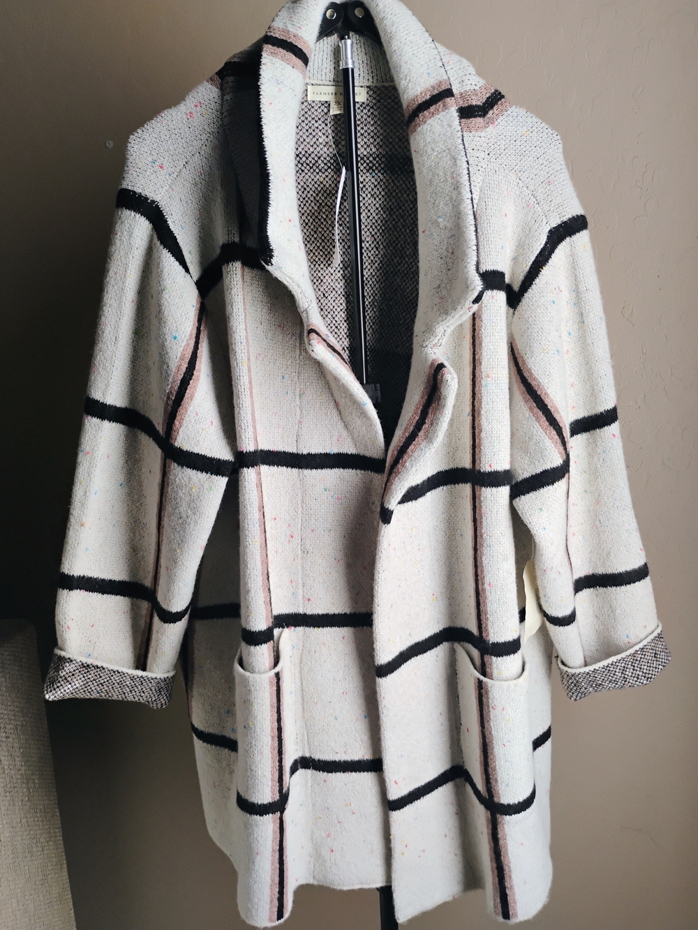 Farmers Market Size 2X Cream Windowpane Knit Coatigan with Black & Pink Accents